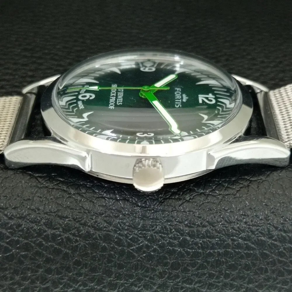 Vintage 1975 Fortis Manual Mens Silver Watch W/Steel Strap & Green accents